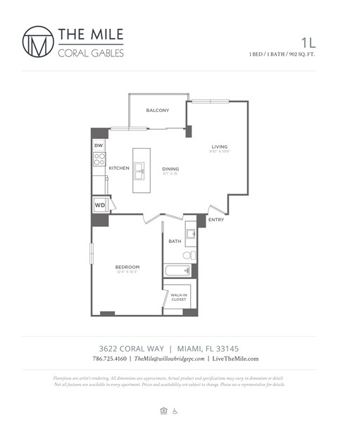 Floor plan for 1 bed, 1 bath, 902 sqft